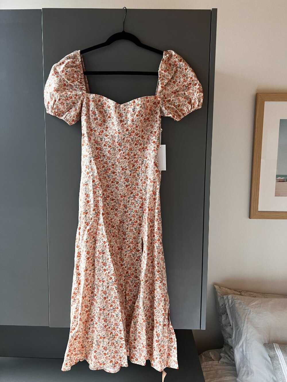 Reformation Cream Floral Sweetheart Puff-Sleeve Midi Dress